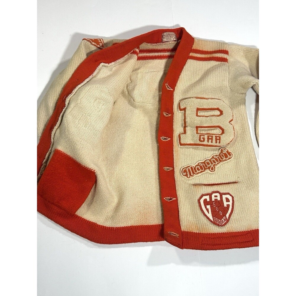 Vintage 1950s Chicago Letterman Cardigan Sweater Women Cream Orange Wool Patches - Picture 7 of 14